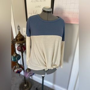 Veveret - Block Color Blue & White Long Sleeve Waffle Design Shirt Blouse size S